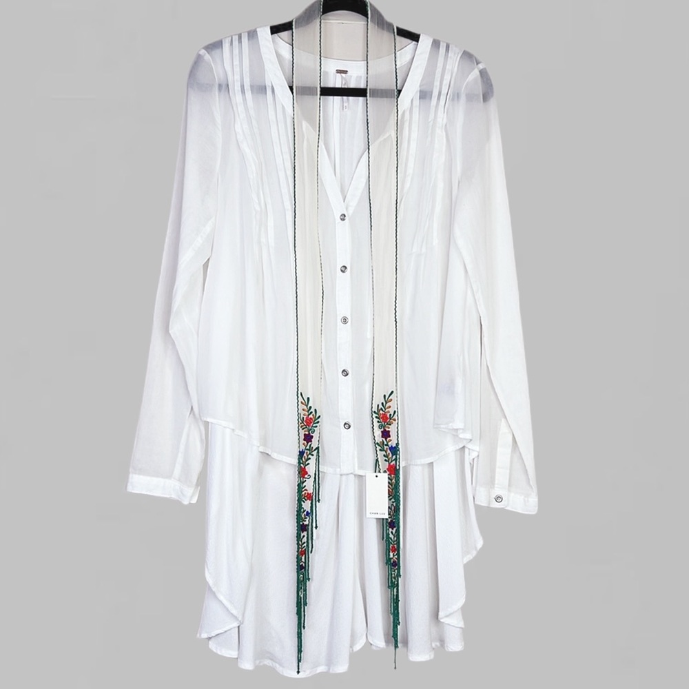 Free People Sisters Of The Moon White Button Down Pleated Blouse Top Tunic S - Picture 10 of 10